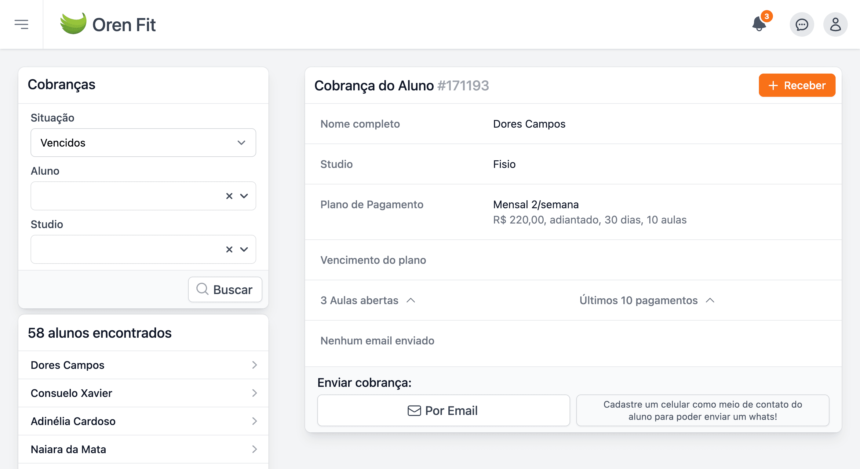 Tela de Cobranças e Mensalidades no Oren Fit