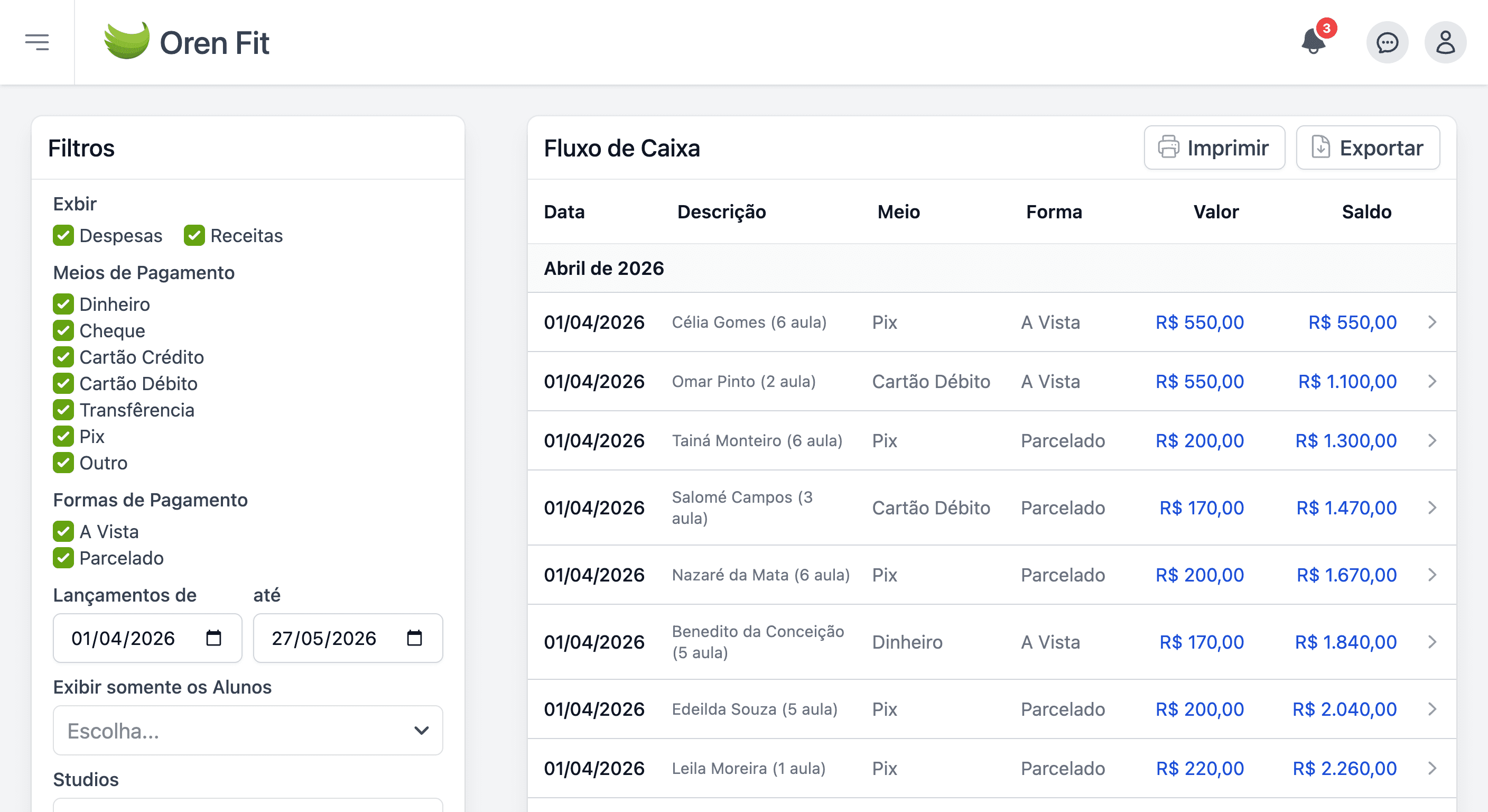 Tela de Fluxo de Caixa, Receitas e Despesas no Oren Fit